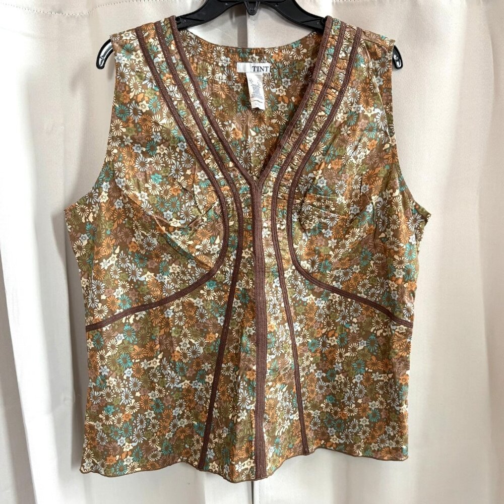 TINT Women Top Size XL Babydoll Retro Ditsy Floral Boho Peasant Beachy Y2K 17939